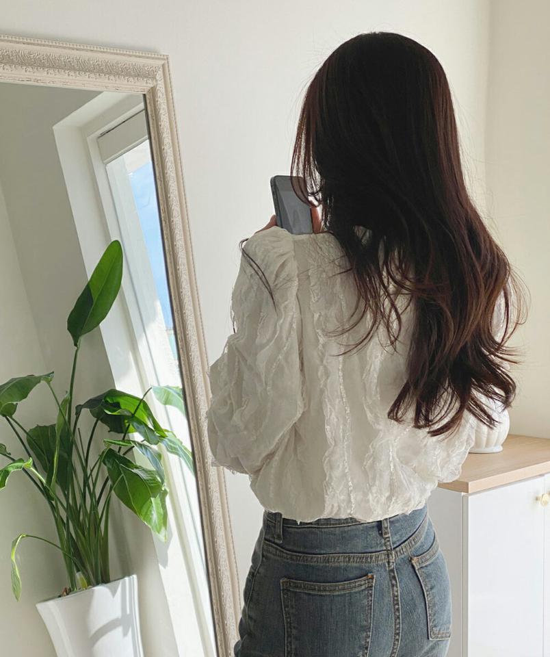 ウェーブレースベロアブラウス・b00388 レディース 【bl】トップス ブラウス 長袖 ベロア ウェーブ テクスチャ— 総レース ラウンドネック うねうね 大人 単色 可愛い 上品 きれいめ オフィス オケージョン パフスリーブ 秋 冬 韓国ファッション