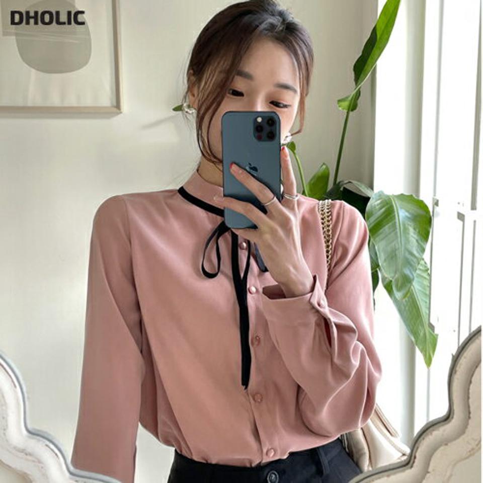 ブラックリボンシルキーブラウス・b00440 レディース 【bl】トップス ブラウス 長袖 りぼん シルキー バイカラー 配色 バンドカラー シック 大人 オフィス オケージョン ガーリー かわいい 秋 冬 韓国ファッション