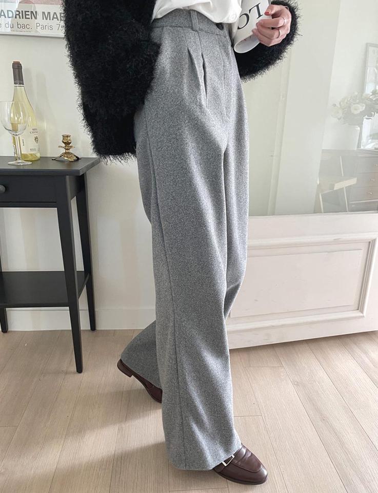ウール混タックワイドスラックス・t00406 レディース 【pt】パンツ ズボン ロング丈 スラックス ワイド タック 単色 無地 シンプル ベーシック 大人 きれいめ ウール ハイウエスト フルレングス ベルトループ 秋 冬 韓国ファッション