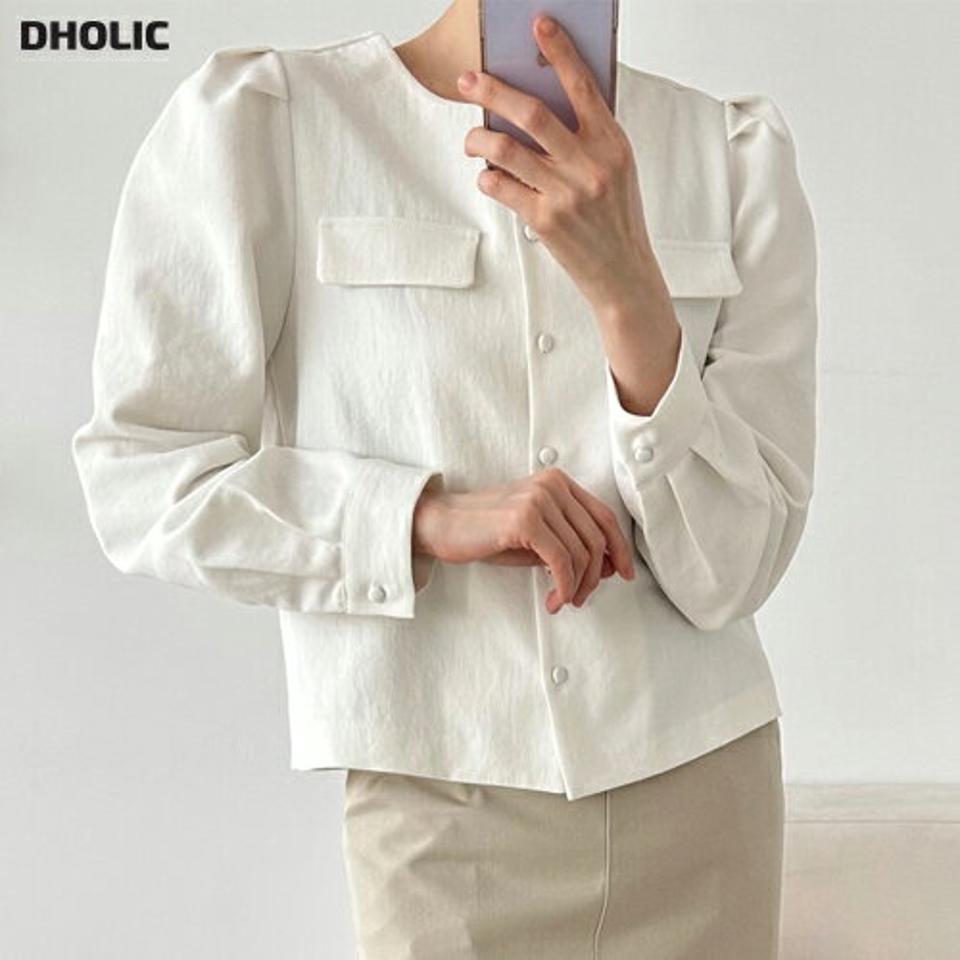 パフラウンドネックフラップブラウス・p000703 レディース 【bl】トップス ブラウス 長袖 パフスリーブ ラウンドネック ポケット シンプル 単色 無地 シンプル かわいい 大人 オフィス 秋 冬 韓国ファッション MKT