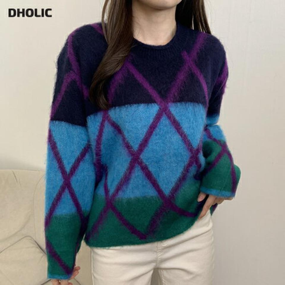 【マケット特価】起毛ダイヤ配色ニット・p000475 レディース 【tops】トップス ニット 長袖 配色 ダイヤ柄 起毛 ラウンドネック カジュアル カラーニット 柄ニット 大人 秋 冬 韓国ファッション MKT セール