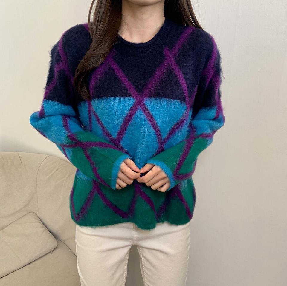 【マケット特価】起毛ダイヤ配色ニット・p000475 レディース 【tops】トップス ニット 長袖 配色 ダイヤ柄 起毛 ラウンドネック カジュアル カラーニット 柄ニット 大人 秋 冬 韓国ファッション MKT セール
