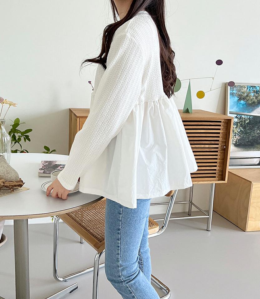 ドッキングペプラム長袖Tシャツ・p000702 レディース 【tops】トップス Tシャツ 長袖 ペプラム ドッキング 異素材 ラウンドネック シンプル かわいい 可愛い 体型カバー 大人 秋 冬 韓国ファッション MKT