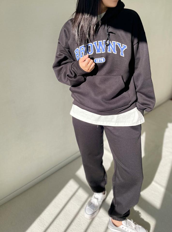裏起毛BROWNYパーカー&スウェットジョガーパンツSET・p000297 レディース 【pt】セットアップ setup トップス パーカー フード フーディー 長袖 ロング パンツ ズボン ロゴ マフポケット ラフ 秋 冬 韓国ファッション MKT