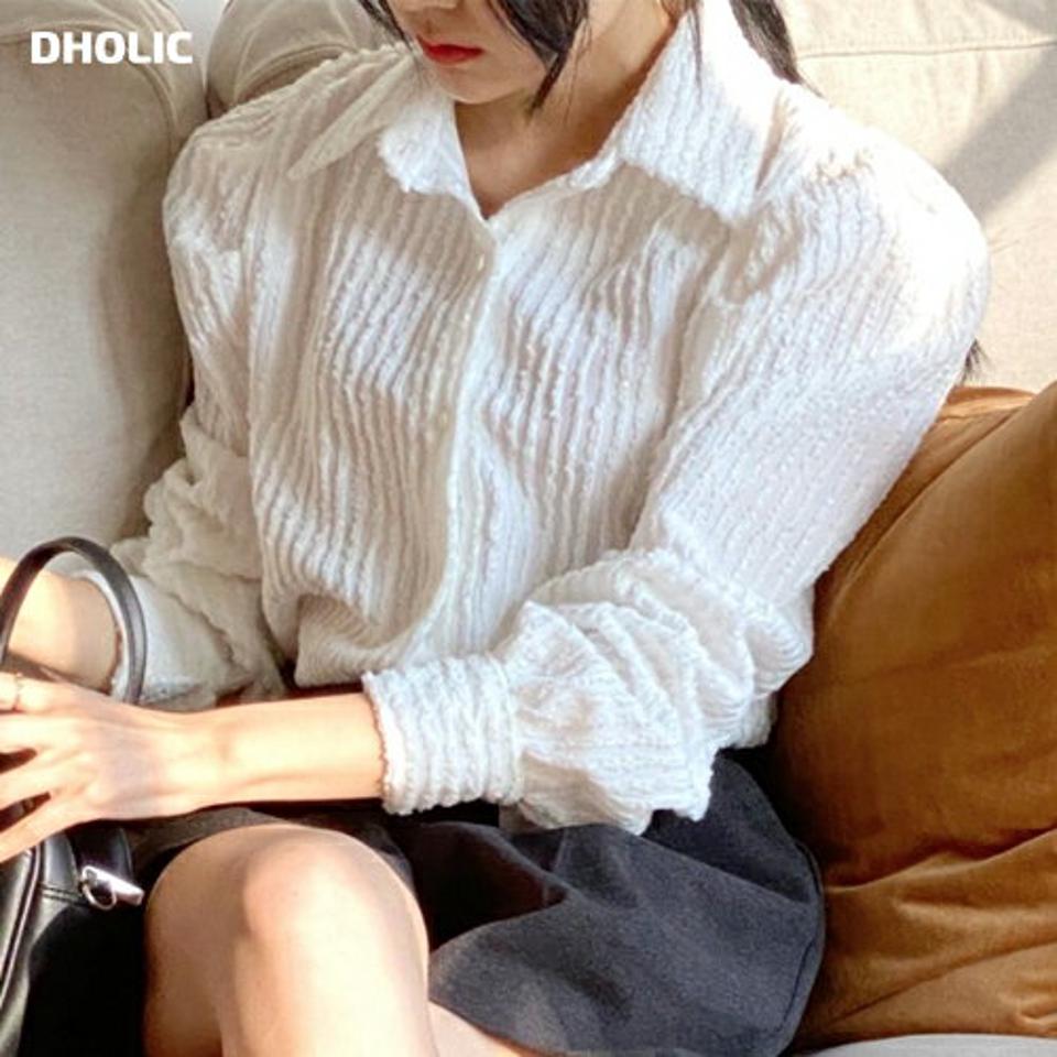 ストライプテクスチャーパフブラウス・p000734 レディース 【bl】トップス ブラウス 長袖 テクスチャ— パフスリーブ 襟 ストライプ柄 大人 ユニーク 個性的 シンプル カジュアル 秋 冬 韓国ファッション MKT