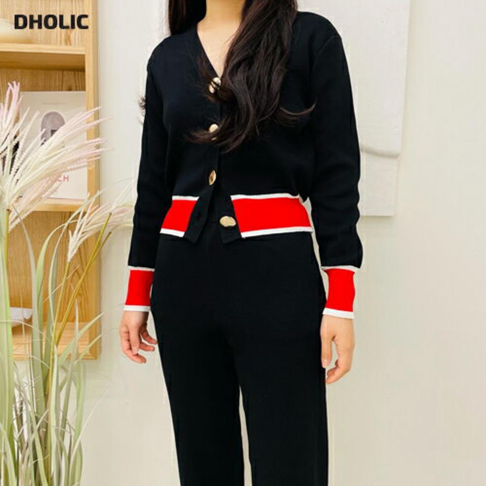 配色ニットカーディガン&パンツSET・p000508 レディース 【pt】セットアップ setup トップス カーディガン 長袖 羽織物 ニット パンツ ズボン 配色 大人 ゴールドボタン 秋 冬 韓国ファッション MKT