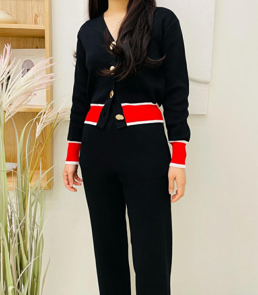 配色ニットカーディガン&パンツSET・p000508 レディース 【pt】セットアップ setup トップス カーディガン 長袖 羽織物 ニット パンツ ズボン 配色 大人 ゴールドボタン 秋 冬 韓国ファッション MKT