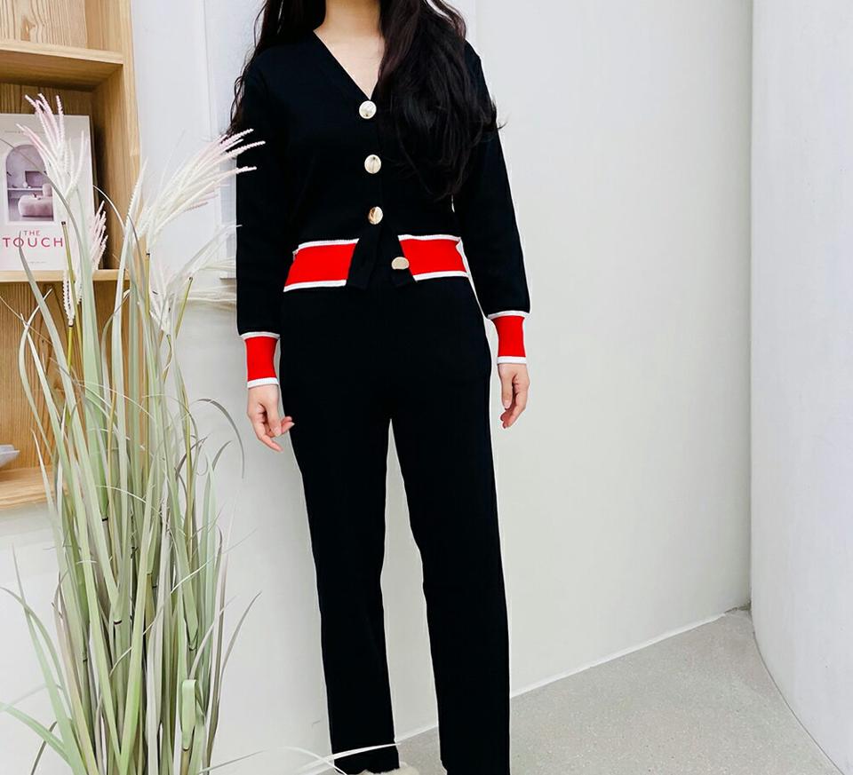 配色ニットカーディガン&パンツSET・p000508 レディース 【pt】セットアップ setup トップス カーディガン 長袖 羽織物 ニット パンツ ズボン 配色 大人 ゴールドボタン 秋 冬 韓国ファッション MKT