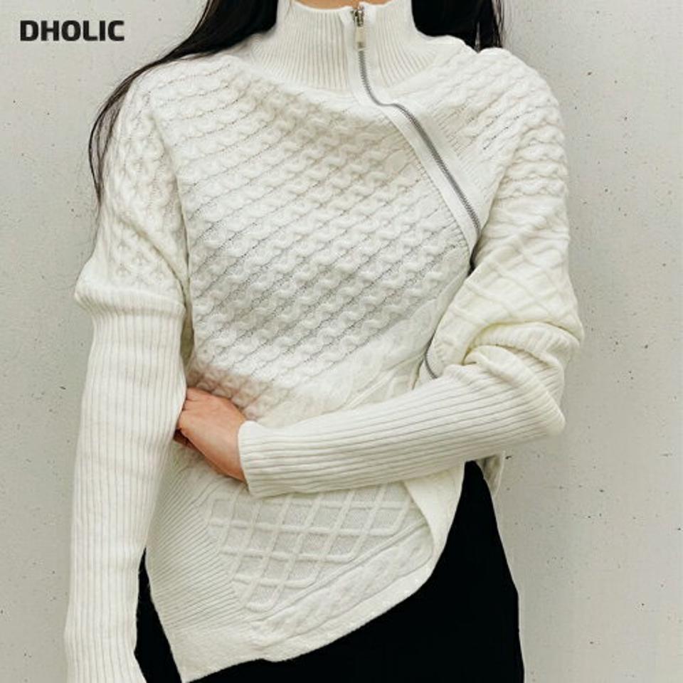 【マケット特価】アンバランスジップケーブルニット・p000723 レディース 【tops】トップス ニット 長袖 ケーブル編み ジップアップ アンバランス ユニーク ハイネック シンプル カジュアル 個性的 リブ 秋 冬 韓国ファッション MKT セール