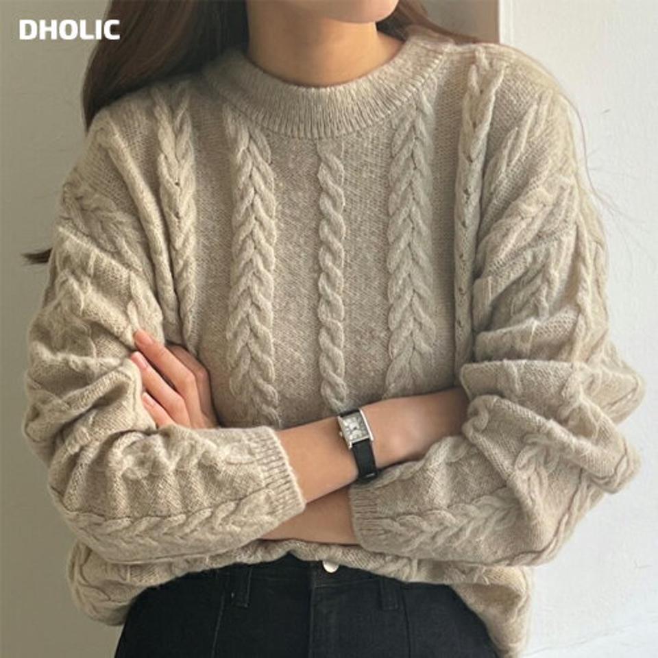 ウール混ケーブルラインニット・p000677 レディース 【tops】トップス ニット 長袖 ケーブル編み ライン ラウンドネック ウール シンプル 単色 カジュアル ラフ 秋 冬 韓国ファッション MKT