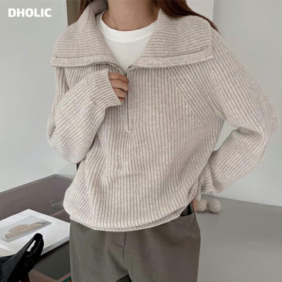 ウール混ハーフジップカラーニット・p000680 レディース 【tops】トップス ニット 長袖 ハーフジップ ジップアップ リブ 大きい襟 ウール 単色 無地 シンプル 大人 カジュアル ラフ 秋 冬 韓国ファッション MKT