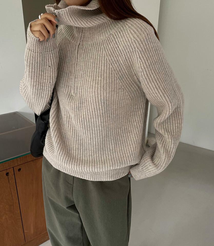 ウール混ハーフジップカラーニット・p000680 レディース 【tops】トップス ニット 長袖 ハーフジップ ジップアップ リブ 大きい襟 ウール 単色 無地 シンプル 大人 カジュアル ラフ 秋 冬 韓国ファッション MKT