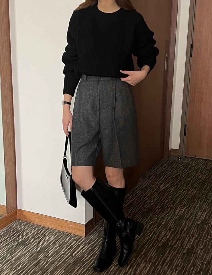 ウール混メランジハーフパンツ・p000679 レディース 【pt】パンツ ズボン ハーフパンツ 半ズボン メランジ ウール 大人 ベルトループ シック おじ かっこいい カジュアル 秋 冬 韓国ファッション MKT