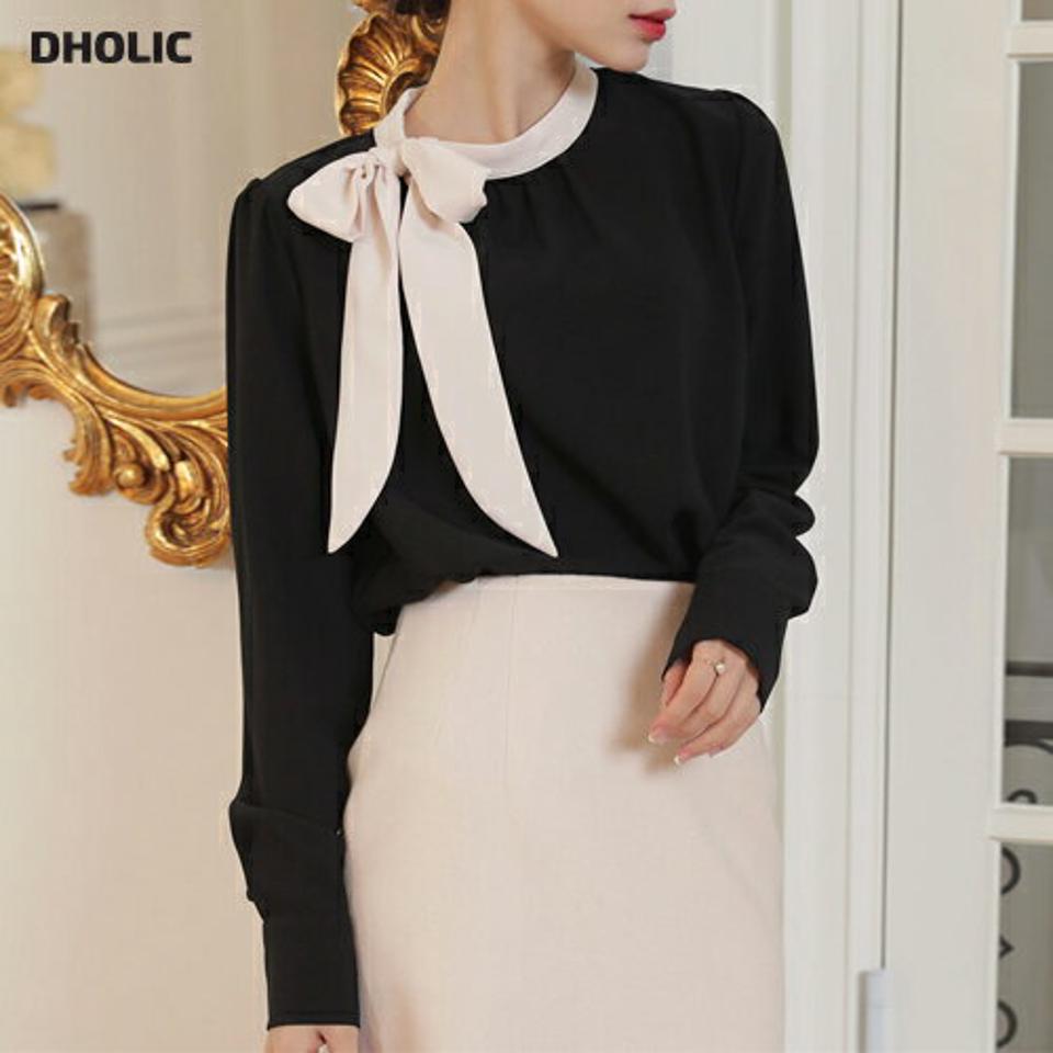 配色リボンブラウス・b00185 レディース 【bl】トップス ブラウス 長袖 襟コン りぼん リボン 配色 バイカラー 大人 きれいめ シック モダン 上品 オフィス オケージョン バンドカラー コントラスト 秋 冬 韓国ファッション