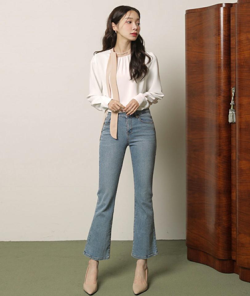 配色リボンブラウス・b00185 レディース 【bl】トップス ブラウス 長袖 襟コン りぼん リボン 配色 バイカラー 大人 きれいめ シック モダン 上品 オフィス オケージョン バンドカラー コントラスト 秋 冬 韓国ファッション