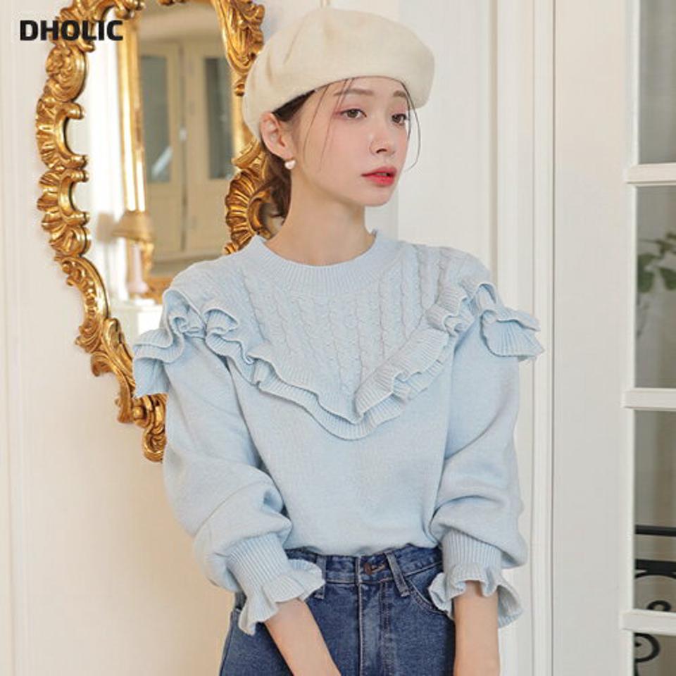 【新作10%OFF】ウール混ケーブルフリルニット・b00184 レディース 【tops】トップス ニット 長袖 ラウンドネック フリル ケーブル編み ウール 単色 無地 シンプル かわいい 可愛い カラーニット 水色 ブルー 袖コン 秋 冬 韓国ファッション SALE セール