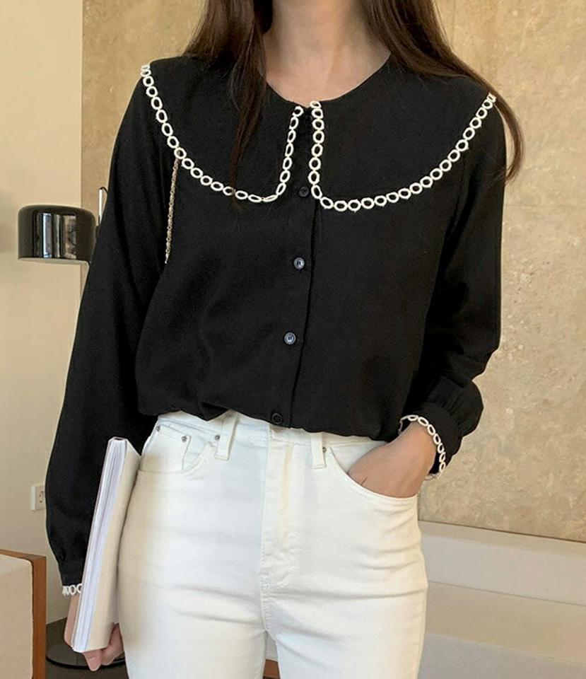 起毛配色レースカラーブラウス・p000856 レディース 【bl】トップス ブラウス 大きい襟 レース 起毛 配色 バイカラー かわいい 可愛い シンプル 大人 秋 冬 韓国ファッション MKT