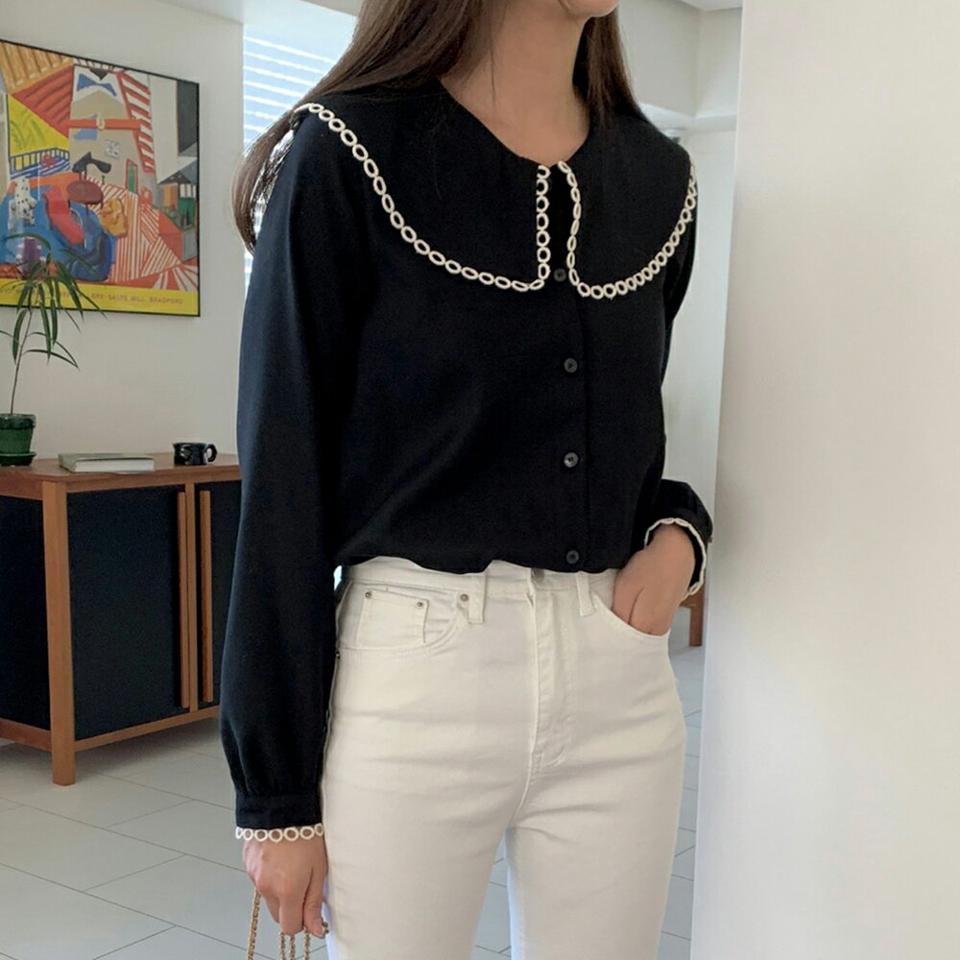 起毛配色レースカラーブラウス・p000856 レディース 【bl】トップス ブラウス 大きい襟 レース 起毛 配色 バイカラー かわいい 可愛い シンプル 大人 秋 冬 韓国ファッション MKT