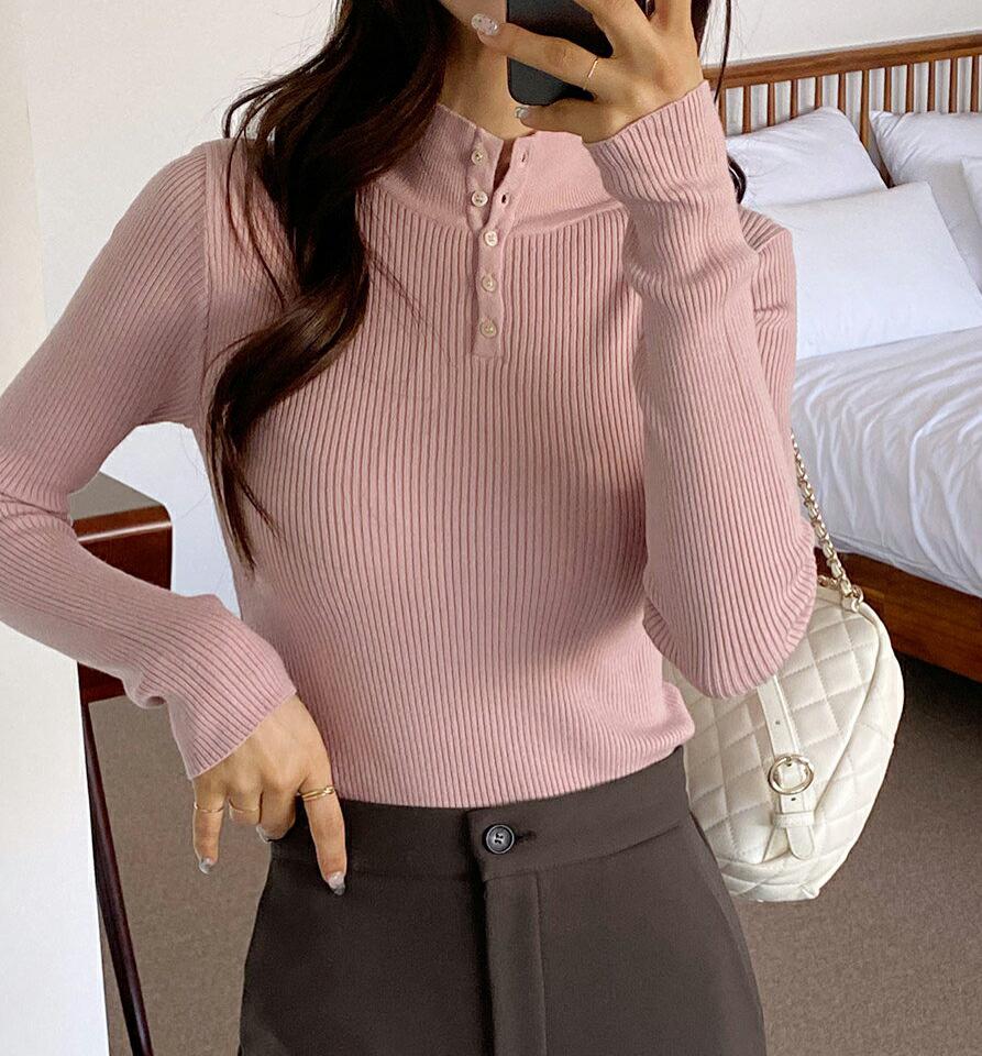 2WAYボタンリブニット・t00416 レディース 【tops】トップス ニット 長袖 リブ ボタン スリム タイト 単色 無地 シンプル カジュアル 大人 カラーニット ハーフネック ピンク 秋 冬 韓国ファッション