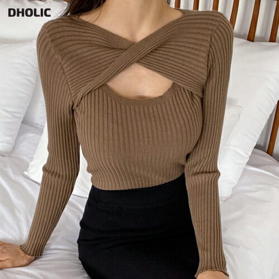 【マラソン特価】ツイストスリットリブニット・b00417 レディース 【tops】トップス ニット 長袖 リブニット スリット ツイスト 肌見せ 露出 セクシー 単色 無地 シンプル 大人 Vネック クロップド丈 秋 冬 韓国ファッション セール