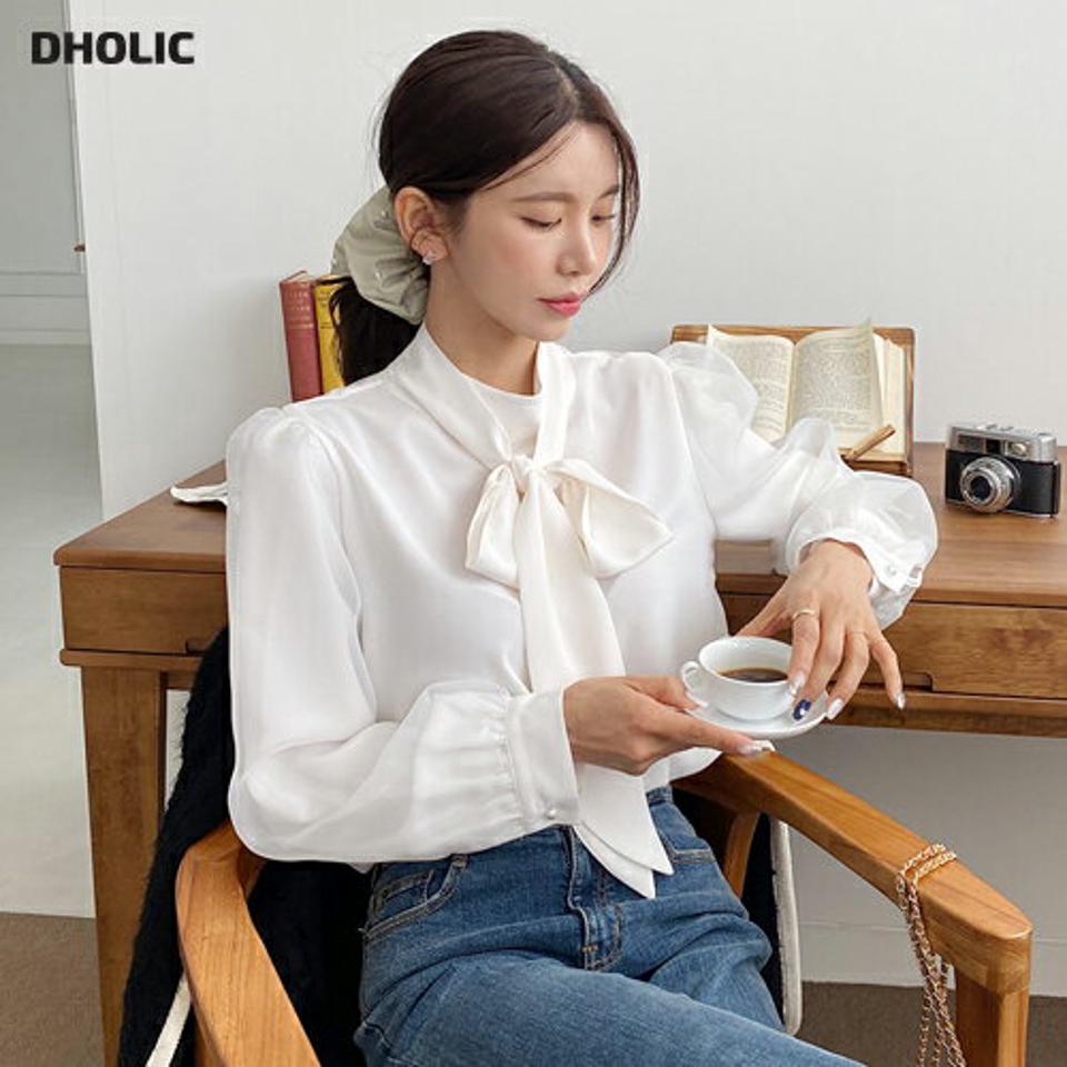リボンネックパフブラウス・t00419 レディース 【bl】トップス ブラウス 長袖 パフスリーブ りぼん 襟コン ボウタイ 大人 きれいめ シンプル 上品 オケージョン オフィス 単色 無地 パールボタン ハーフネック 秋 冬 韓国ファッション