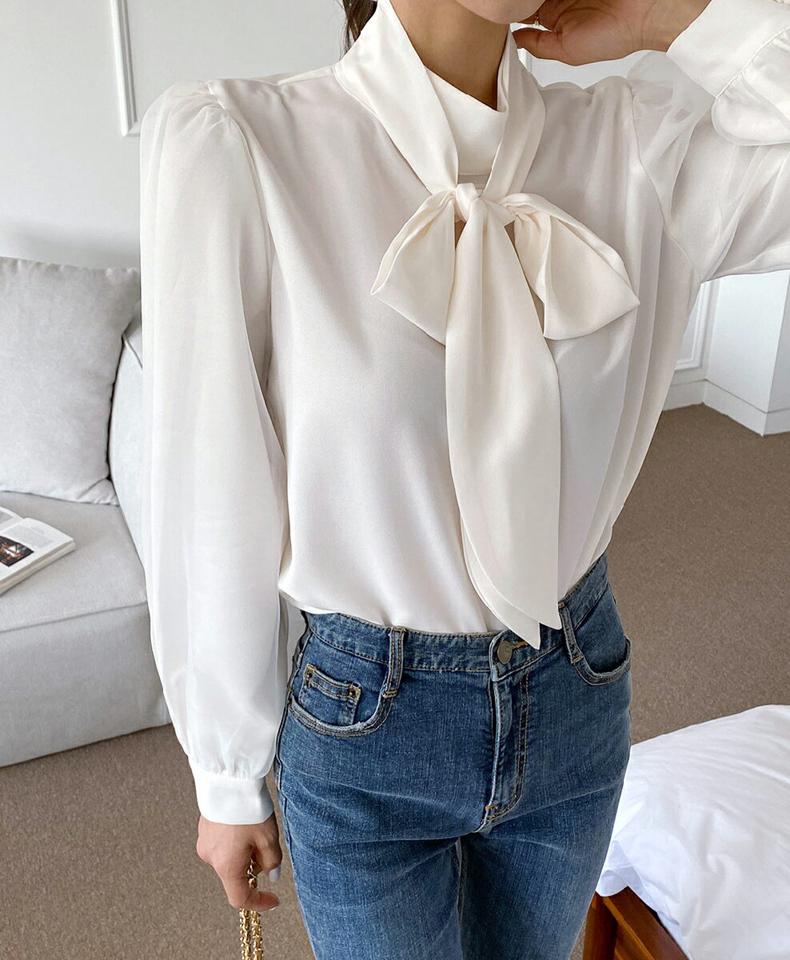 リボンネックパフブラウス・t00419 レディース 【bl】トップス ブラウス 長袖 パフスリーブ りぼん 襟コン ボウタイ 大人 きれいめ シンプル 上品 オケージョン オフィス 単色 無地 パールボタン ハーフネック 秋 冬 韓国ファッション