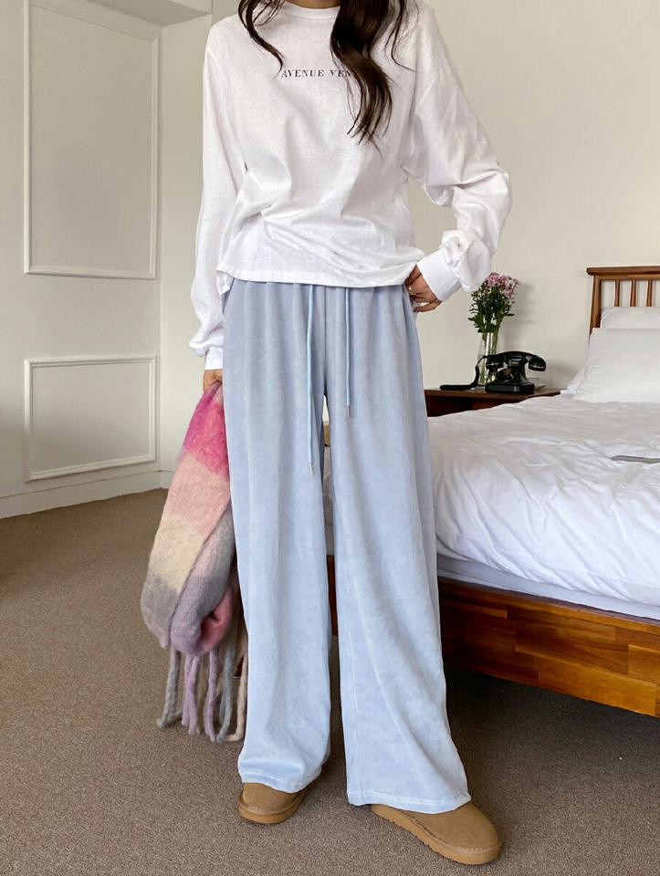 モダール混ストリング付ベロアパンツ・t00430 レディース 【pt】パンツ ズボン ロング丈 ウエストゴム ストリング 単色 無地 シンプル ラフ 体型カバー カジュアル 楽ちん モダール ワイド ベロア ハイウエスト 秋 冬 韓国ファッション