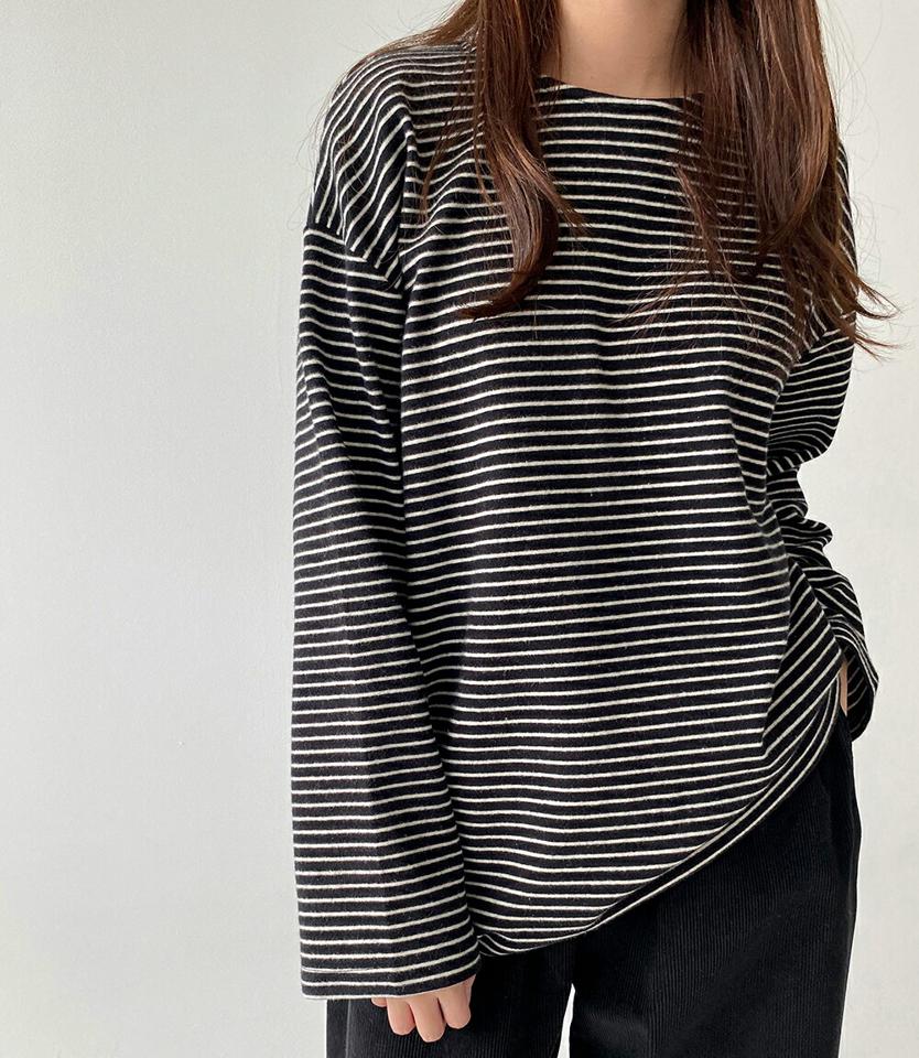 裏起毛ボーダー長袖Tシャツ・p000848 レディース 【tops】トップス Tシャツ 長袖 ロンT ボーダー柄 裏起毛 ラウンドネック カジュアル ラフ 冬 韓国ファッション MKT