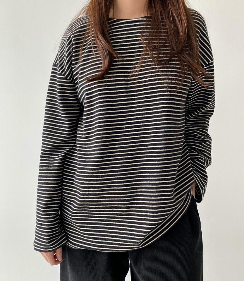 裏起毛ボーダー長袖Tシャツ・p000848 レディース 【tops】トップス Tシャツ 長袖 ロンT ボーダー柄 裏起毛 ラウンドネック カジュアル ラフ 冬 韓国ファッション MKT