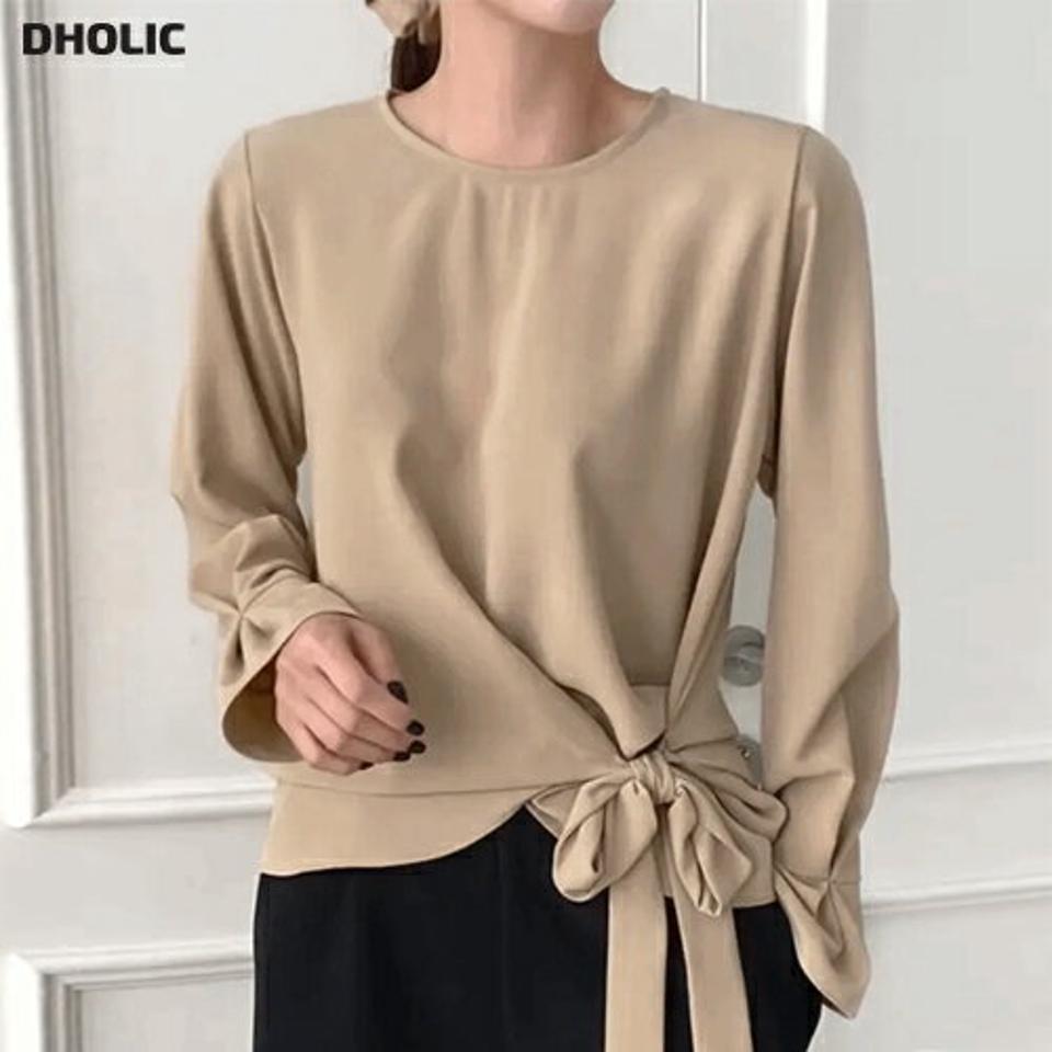 リボンアンバランスヘムブラウス・p000863 レディース 【bl】トップス ブラウス 長袖 りぼん アンバランス ラウンドネック 単色 無地 シンプル 大人 かわいい 秋 冬 韓国ファッション MKT