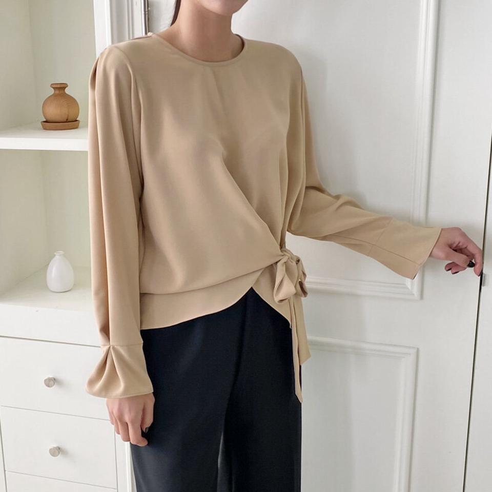 リボンアンバランスヘムブラウス・p000863 レディース 【bl】トップス ブラウス 長袖 りぼん アンバランス ラウンドネック 単色 無地 シンプル 大人 かわいい 秋 冬 韓国ファッション MKT