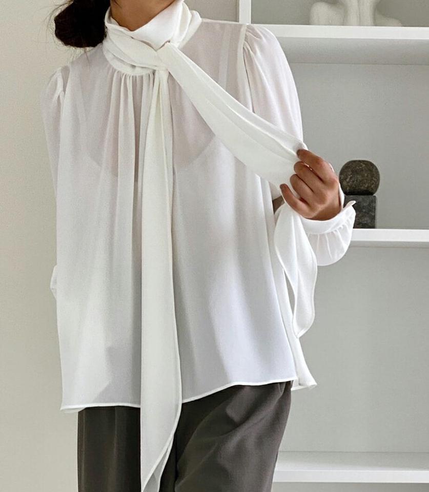 リボンネックギャザーブラウス・p000841 レディース 【bl】トップス ブラウス 長袖 ギャザー りぼん 襟コン フェミニン 単色 無地 シンプル かわいい きれいめ 透け感 シアー シースルー 大人 ボウタイ 秋 冬 韓国ファッション MKT