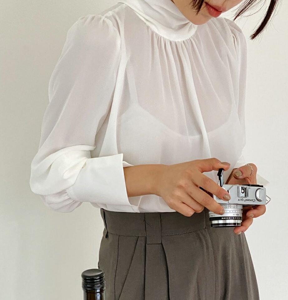リボンネックギャザーブラウス・p000841 レディース 【bl】トップス ブラウス 長袖 ギャザー りぼん 襟コン フェミニン 単色 無地 シンプル かわいい きれいめ 透け感 シアー シースルー 大人 ボウタイ 秋 冬 韓国ファッション MKT