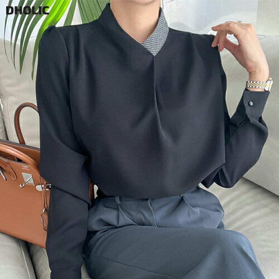 配色チェックネックブラウス・p000835 レディース 【bl】トップス ブラウス 長袖 配色 シック 大人 きれいめ オフィス オケージョン 襟コン 千鳥柄 ハウンドトゥース 千鳥格子 秋 冬 韓国ファッション MKT