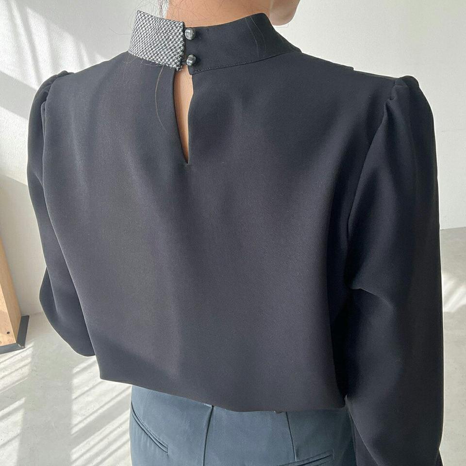 配色チェックネックブラウス・p000835 レディース 【bl】トップス ブラウス 長袖 配色 シック 大人 きれいめ オフィス オケージョン 襟コン 千鳥柄 ハウンドトゥース 千鳥格子 秋 冬 韓国ファッション MKT