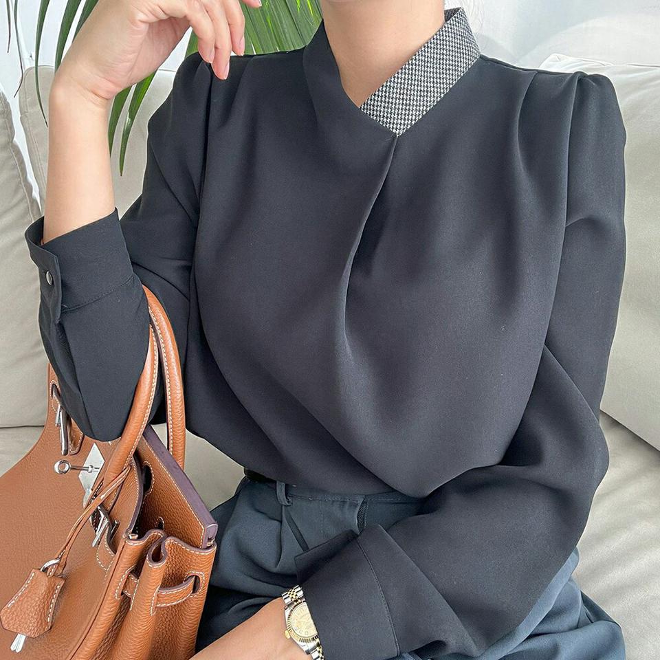 配色チェックネックブラウス・p000835 レディース 【bl】トップス ブラウス 長袖 配色 シック 大人 きれいめ オフィス オケージョン 襟コン 千鳥柄 ハウンドトゥース 千鳥格子 秋 冬 韓国ファッション MKT
