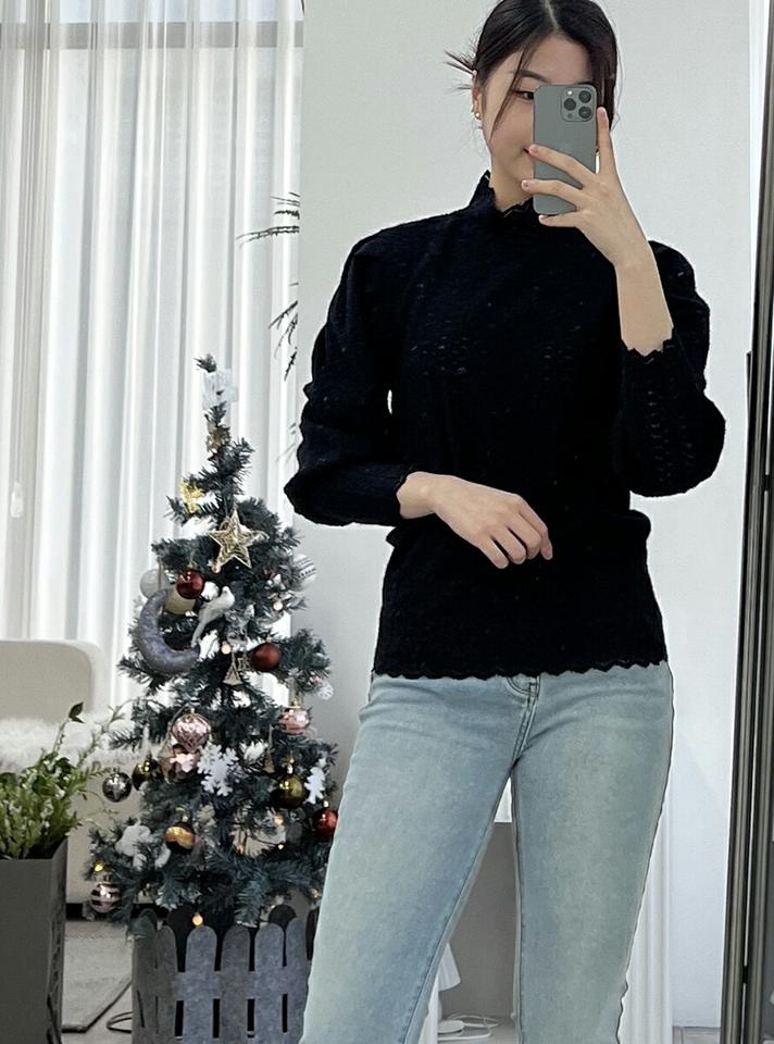 両起毛レースブラウス・p000823 レディース 【bl】トップス ブラウス 長袖 パフスリーブ 総レース フェミニン 裏起毛 シンプル かわいい 可愛い 大人 ハーフネック 秋 冬 韓国ファッション MKT