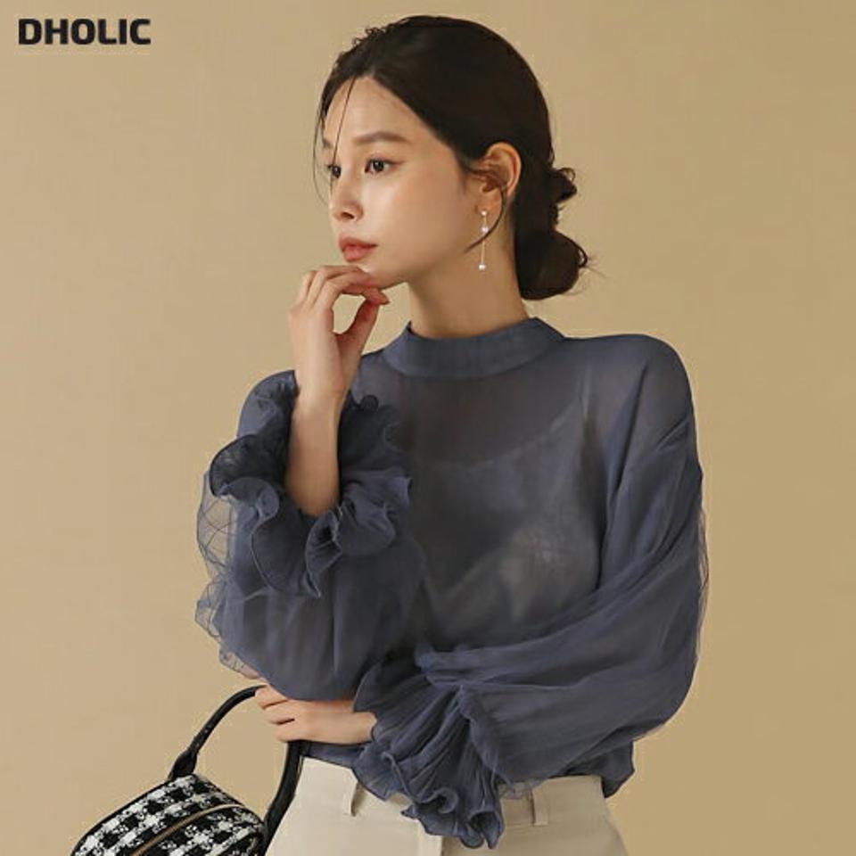 シアースリーブリンクルブラウス・b00217 レディース 【bl】トップス ブラウス 長袖 リンクル シアー シースルー 透け感 フェミニン バンドカラー 大人 きれいめ 上品 プリーツ スリット チュール パフスリーブ 秋 冬 韓国ファッション