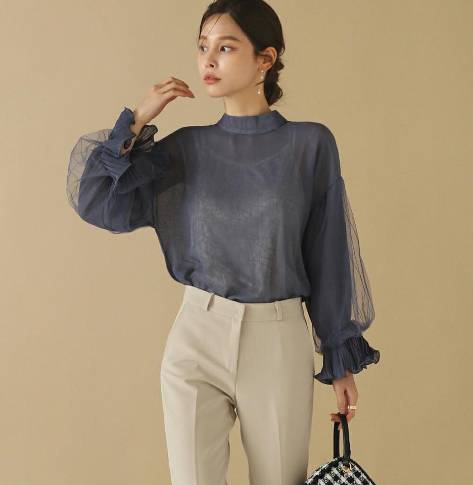 シアースリーブリンクルブラウス・b00217 レディース 【bl】トップス ブラウス 長袖 リンクル シアー シースルー 透け感 フェミニン バンドカラー 大人 きれいめ 上品 プリーツ スリット チュール パフスリーブ 秋 冬 韓国ファッション