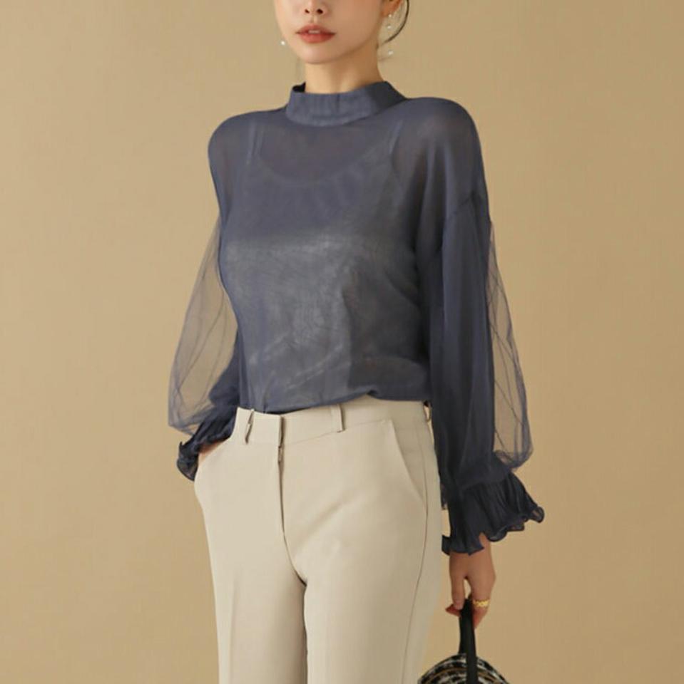 シアースリーブリンクルブラウス・b00217 レディース 【bl】トップス ブラウス 長袖 リンクル シアー シースルー 透け感 フェミニン バンドカラー 大人 きれいめ 上品 プリーツ スリット チュール パフスリーブ 秋 冬 韓国ファッション