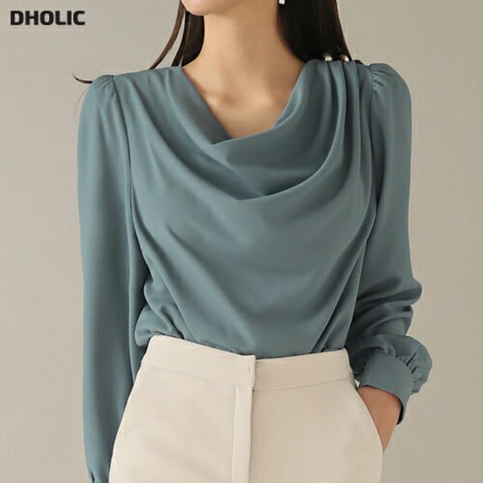 フェイクパールドレープブラウス・b00213 レディース 【bl】トップス ブラウス 長袖 パール ドレープ 上品 きれいめ 単色 無地 シンプル 青 ブルー オフィス オケージョン 肩パッド パフスリーブ 秋 冬 韓国ファッション