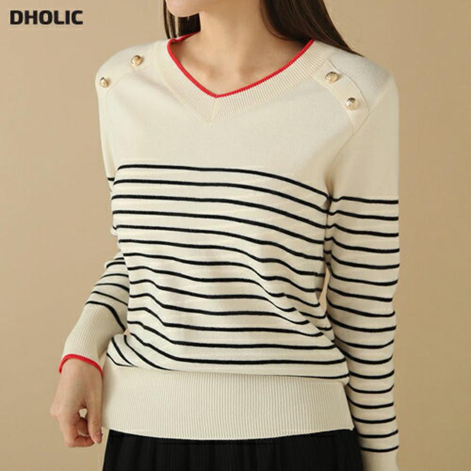 Vネックボーダー柄ニット・b00205 レディース 【tops】トップス ニット 長袖 ボーダー柄 Vネック ゴールドボタン カジュアル 大人 秋 冬 韓国ファッション