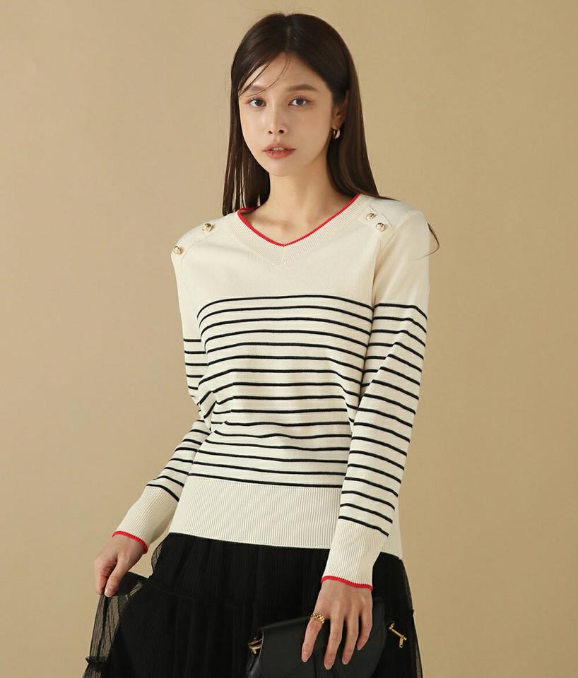 Vネックボーダー柄ニット・b00205 レディース 【tops】トップス ニット 長袖 ボーダー柄 Vネック ゴールドボタン カジュアル 大人 秋 冬 韓国ファッション