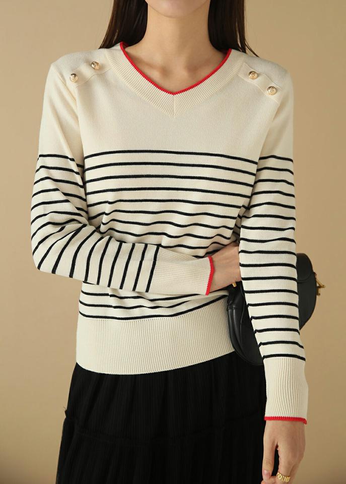 Vネックボーダー柄ニット・b00205 レディース 【tops】トップス ニット 長袖 ボーダー柄 Vネック ゴールドボタン カジュアル 大人 秋 冬 韓国ファッション