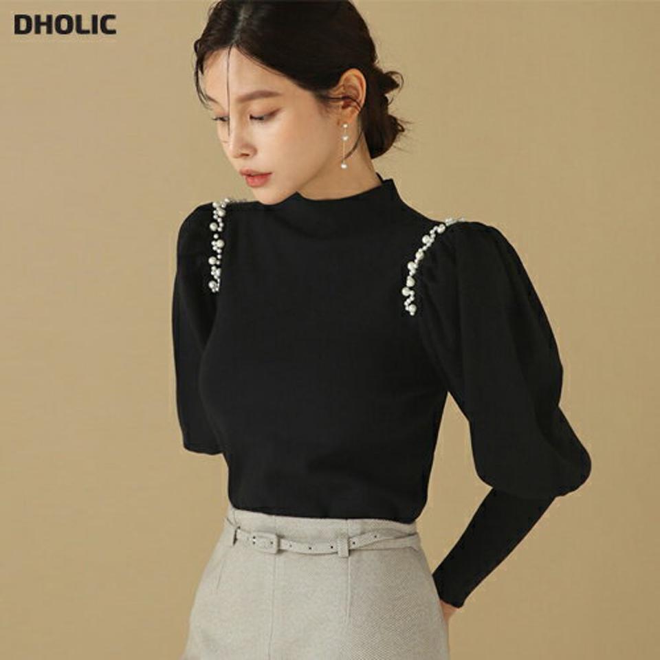 ハーフネックフェイクパールニット・b00207 レディース 【tops】トップス ニット 長袖 パール ハーフネック パフスリーブ フェミニン かわいい 可愛い リブ ギャザー 大人 スリム 秋 冬 韓国ファッション