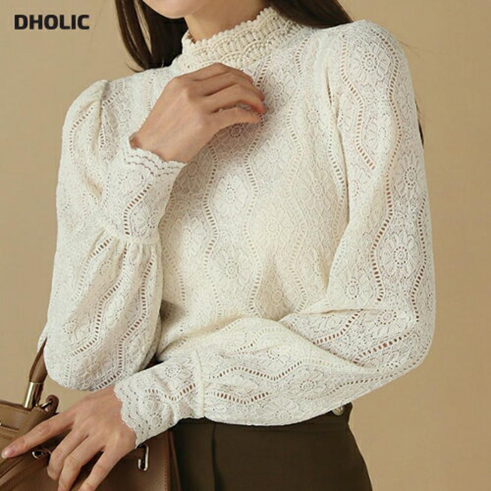 ハーフネックレースブラウス・b00214 レディース 【bl】トップス ブラウス 長袖 ハーフネック 総レース フェミニン 大人 きれいめ オケージョン オフィス スカラップヘム スリット パンチング ギャザー 秋 冬 韓国ファッション