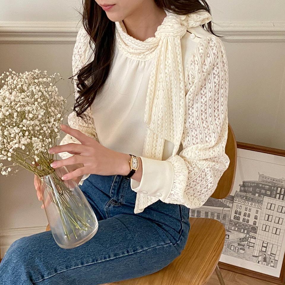 起毛レースリボンブラウス・p000759 レディース 【bl】トップス ブラウス 長袖 レース りぼん ボウタイ 襟コン 起毛 フェミニン 個性的 ユニーク 大人 きれいめ リボン 透け感 シアー シースルー オケージョン 秋 冬 韓国ファッション MKT