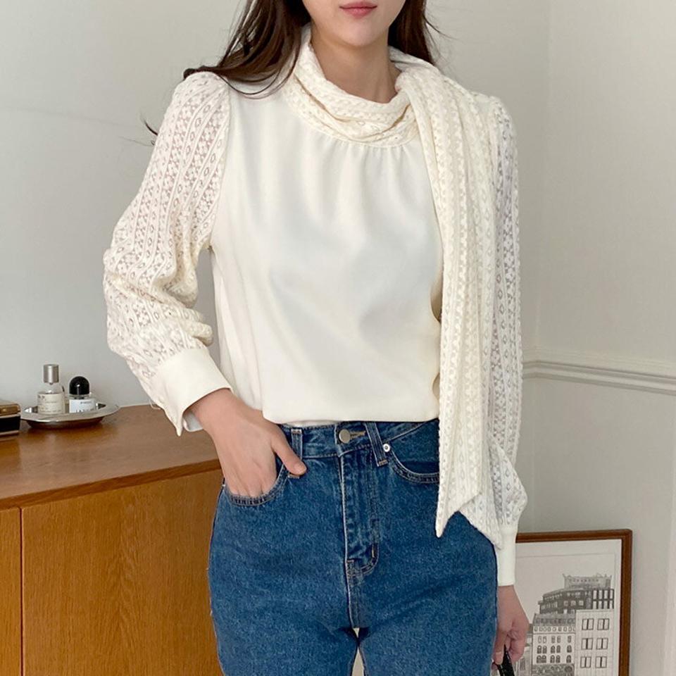 起毛レースリボンブラウス・p000759 レディース 【bl】トップス ブラウス 長袖 レース りぼん ボウタイ 襟コン 起毛 フェミニン 個性的 ユニーク 大人 きれいめ リボン 透け感 シアー シースルー オケージョン 秋 冬 韓国ファッション MKT