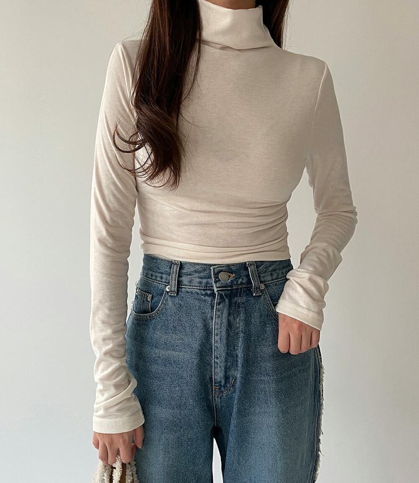 裏起毛ハイネック長袖Tシャツ・p000798 レディース 【tops】トップス Tシャツ 長袖 ロンT ハイネック 裏起毛 単色 無地 シンプル ベーシック カジュアル ラフ 大人 スリム 冬 韓国ファッション MKT