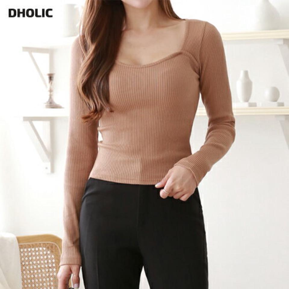 【マケット特価】ハートネックリブTシャツ・p000648 レディース 【tops】トップス Tシャツ 長袖 リブ ハートネック デコルテ 鎖骨 単色 無地 シンプル ベーシック 大人 きれいめ スリム ショート丈 クロップド丈 秋 冬 韓国ファッション MKT セール